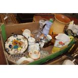 Box of jugs, decanter, decorative plates,