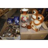 Box of cutlery, two Ringtons storage jars, Staffordshire style dogs,