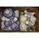Two boxes of china, Willow pattern dinner service, Lilliput Lane houses,