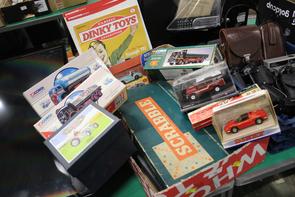 Box of toys, Corgi Classic lorries, Scrabble, backgammon,