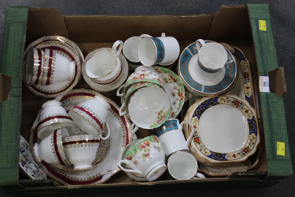 Box of tea cups, saucers, etc. to include Sutherland China, Salisbury Bone China, etc.