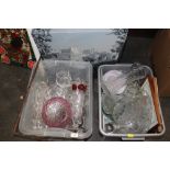 Two boxes of glassware, coloured vases, decanters,