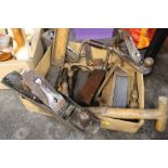 Box of hand tools, planes, hammers,