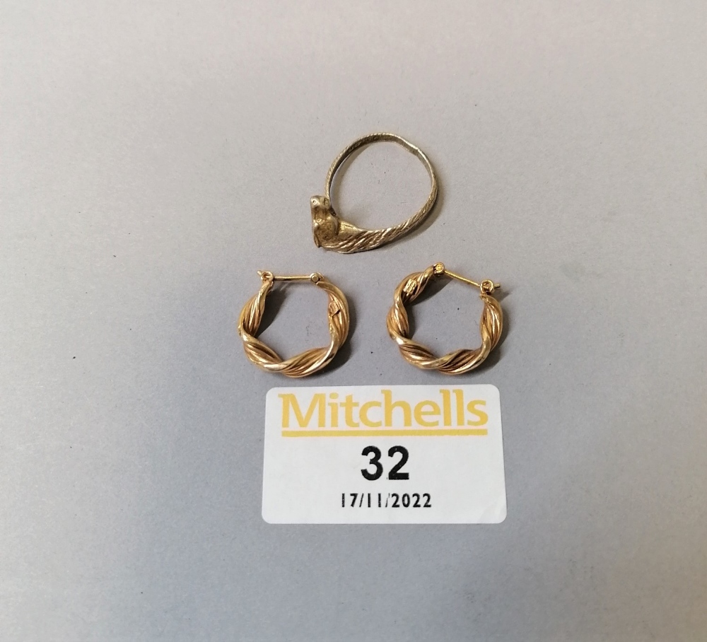 9 ct gold ring (out of shape) and pair of 9 ct gold earrings, weight 3.