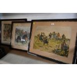 Victorian hunting scene print and two framed and glazed prints of Victorian scenes,