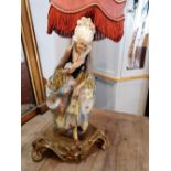 Figural table lamp with red shade,