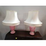 Pair of decorative table lamps and shades with pine ceramic bases,