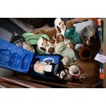 Box of Staffordshire dog ornaments, miniature character jugs,