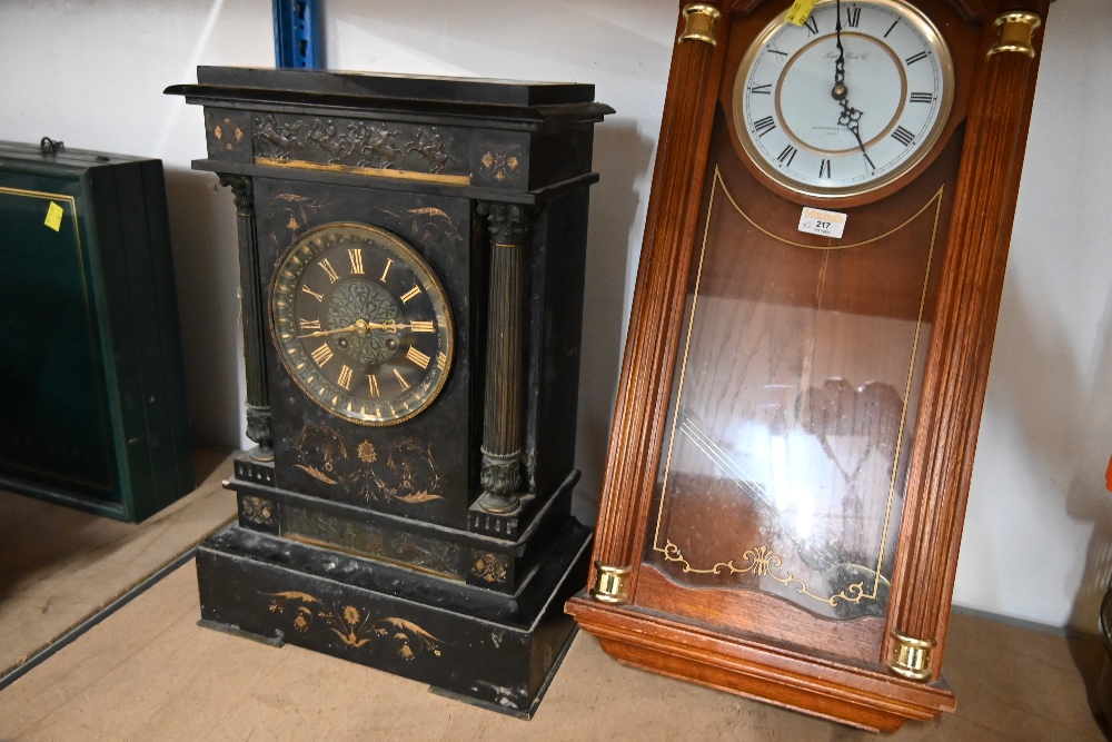 Modern Westminster chime drop dial wall clock and Victorian slate mantle clock