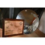 Circular etched glass and bevelled mirror and framed decorative map of Hawaii