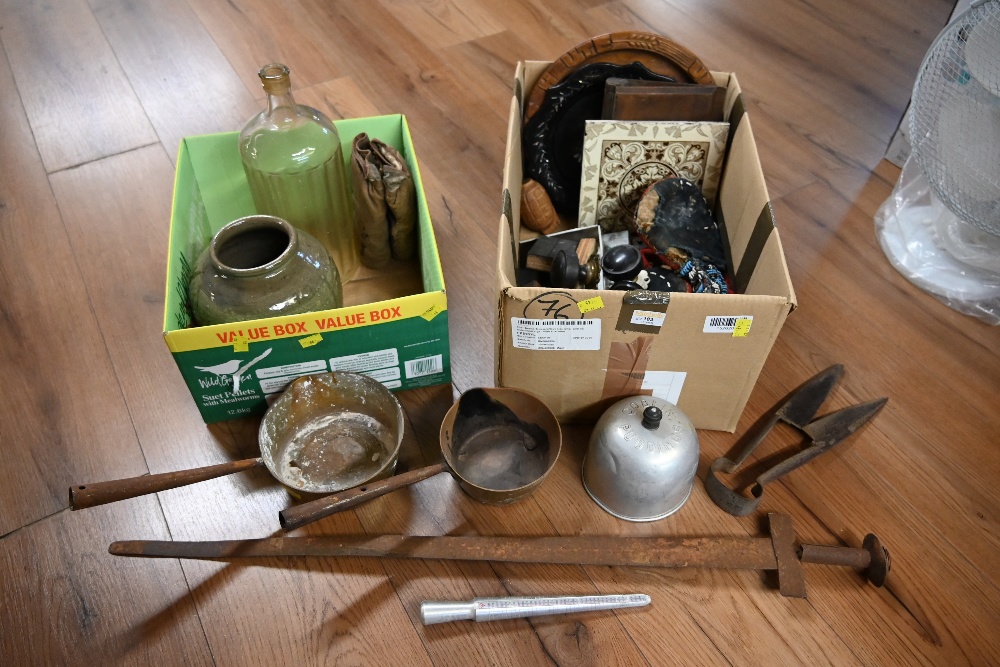 Two boxes of brass pans, poison bottle, shears,