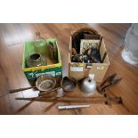 Two boxes of brass pans, poison bottle, shears,