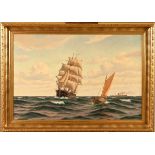 A Bulow, oil on canvas sailing vessel and yacht. 61 cm x 91 cm, framed, signed.