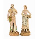 A pair of Capodimonte ceramic figurines, gentleman carrying a wheatsheaf and flower girl.