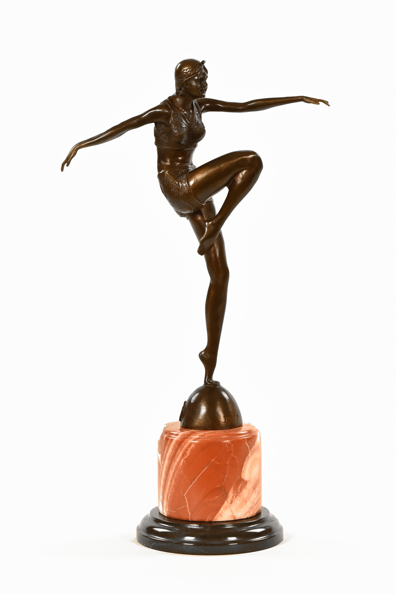 After J Philipp an Art Deco style bronze figure of a dancer, raised on cylindrical marble plinth.
