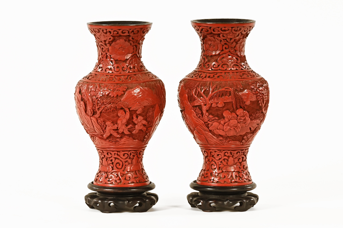 A pair of cinnabar lacquer vases, late Qing/Republic period, of globular form,