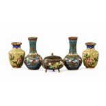 Two pairs of miniature cloisonne vases, together with a small lidded vessel. Tallest 63 mm.