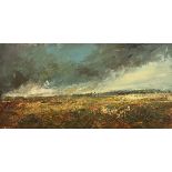 Kristan Baggaley, oil on canvas "Clearing Rain Kinder Scout". 60 cm x 121 cm, signed and dated '95.