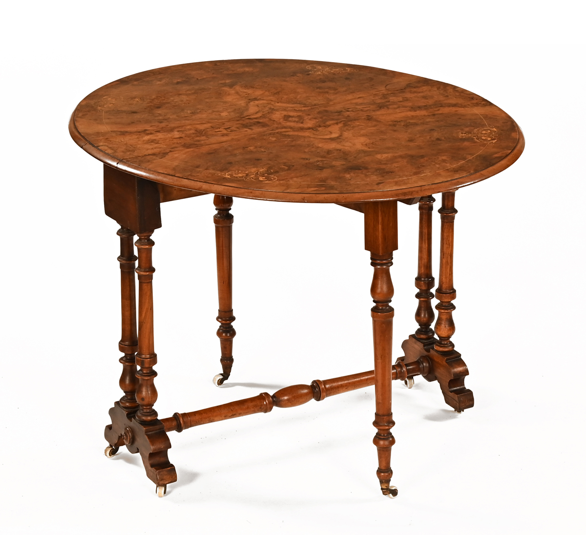 A Victorian inlaid walnut Sutherland table, well figured with turned supports and centre stretcher. - Image 2 of 2