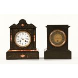 Two late Victorian black slate mantle clocks, one with two train striking movement,