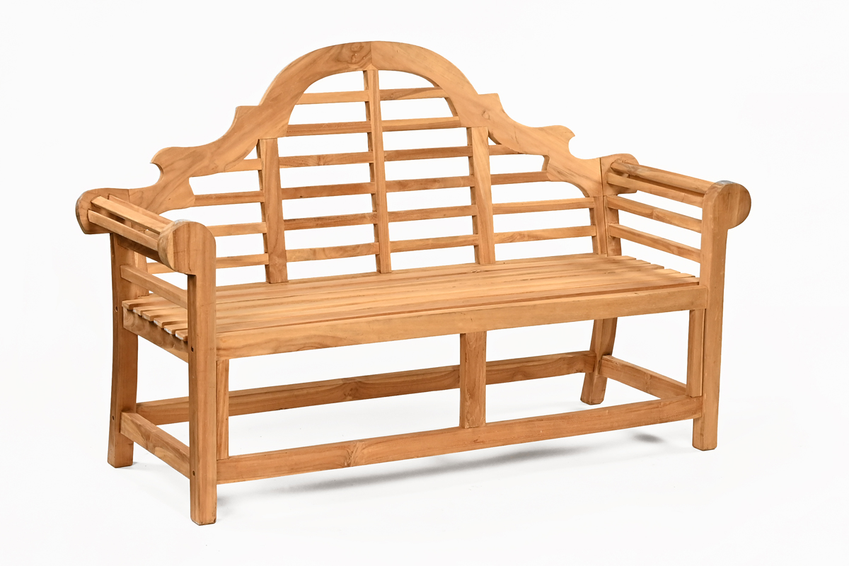 A teak garden bench, with high back and roll arms with slat feet.