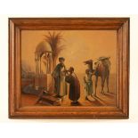A 19th century Eastern School, oil on board camel, attendant and figures at a shrine.