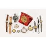 A quantity of vintage watches, various, together with a cased eight day travel clock.