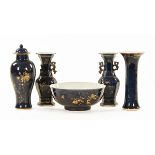 A pair of Chinese blue white and gilt vases, a single lidded vase, spill vase and bowl.