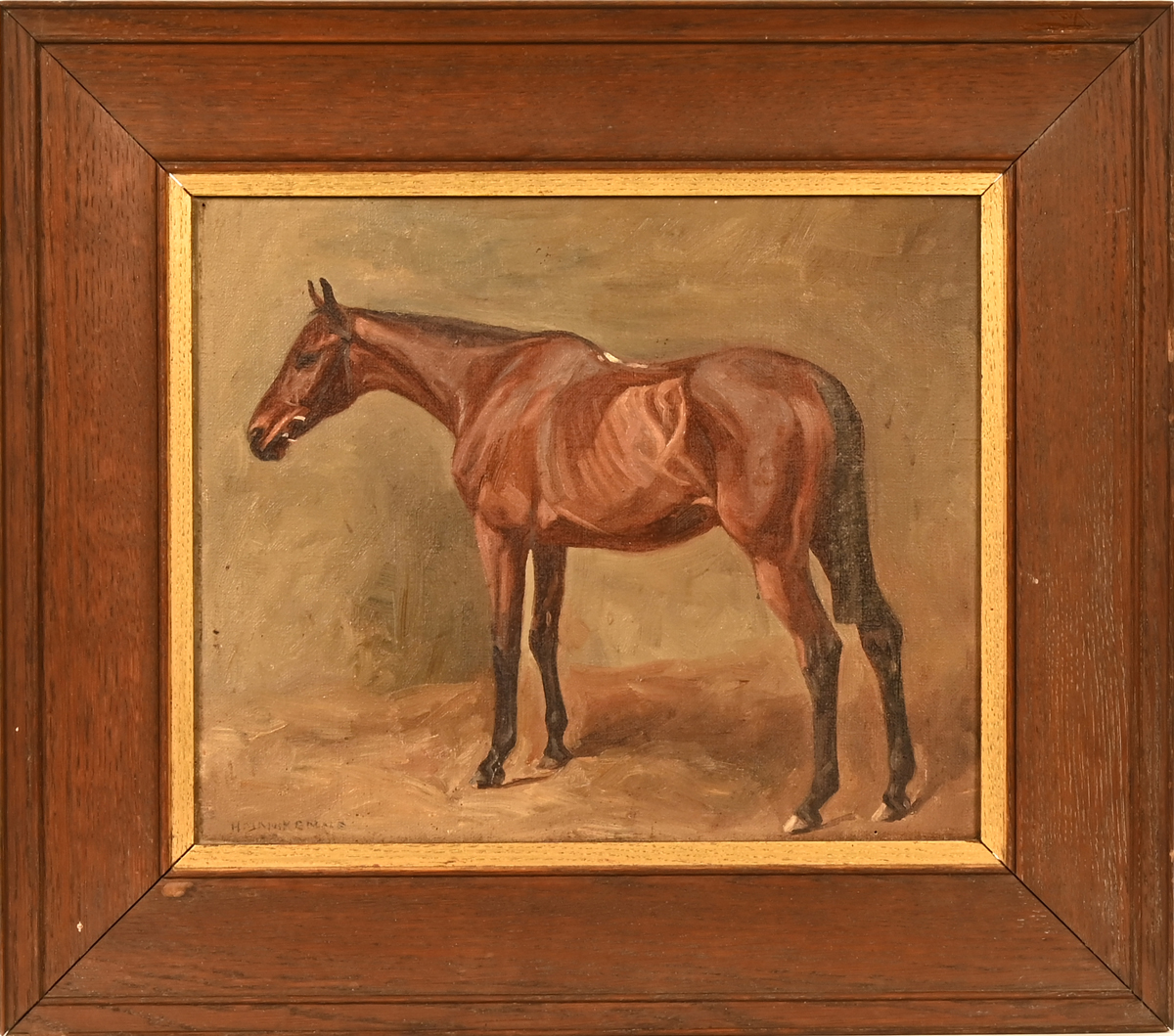 British School, early 20th century, hunter in stable, indistinctly signed lower left, oil on canvas.