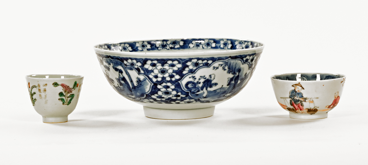 A Chinese Kangxi prunus and Chinese scene bowl. Diameter 20 cm, together with two tea bowls.