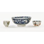 A Chinese Kangxi prunus and Chinese scene bowl. Diameter 20 cm, together with two tea bowls.