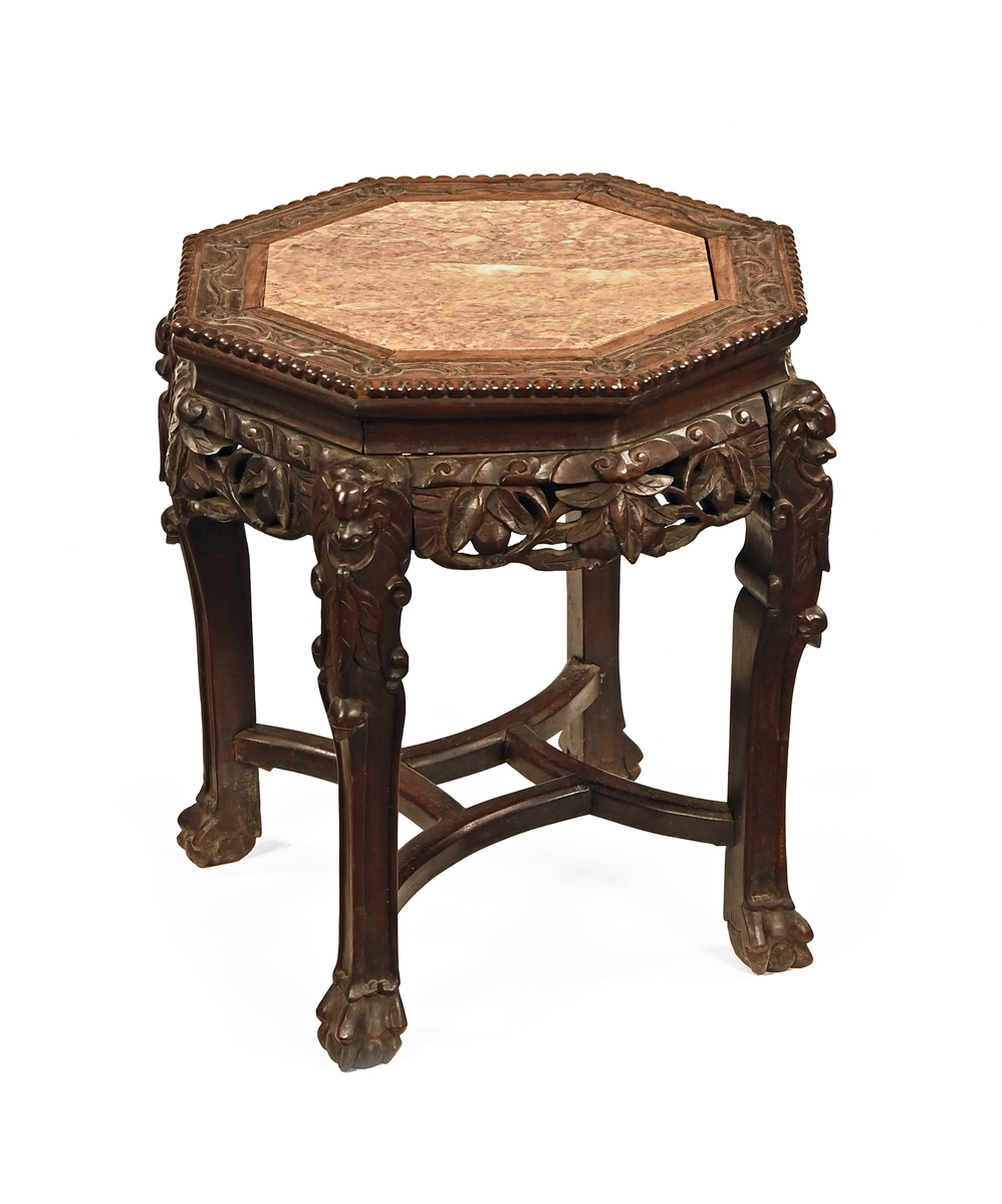 A 19th century Chinese hardwood rouge marble topped jardiniere stand,
