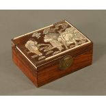A Chinese mother of pearl inlaid rectangular hardwood jewellery casket. 9 cm x 20 cm x 15.5 cm.