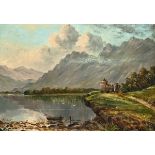 W Wilson (Scottish School), a view of a castle on the side of a loch, signed lower right,