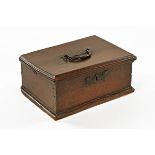 An antique oak rectangular box with carrying handle. Width 27 cm.
