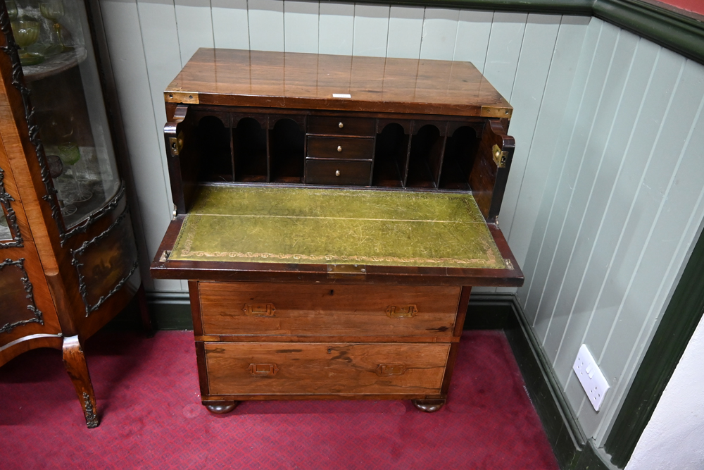 A 19th century rosewood brass bound military secretaire chest, of small size, - Image 5 of 8