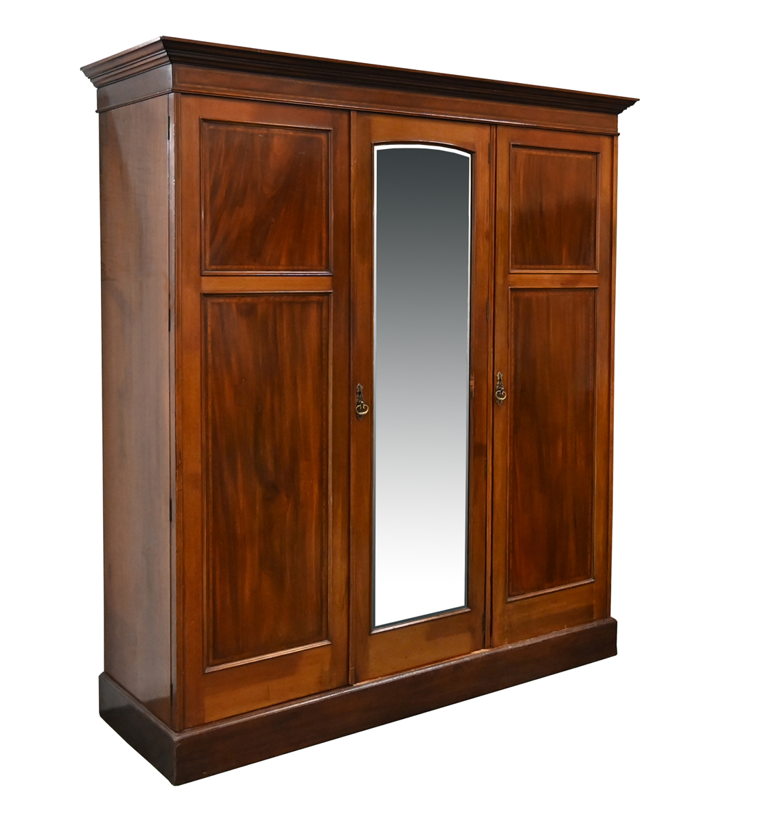 An Edwardian inlaid mahogany triple wardrobe,