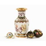 A Chinese cloisonne vase, and three other small cloisonne items. Height 16 cm.