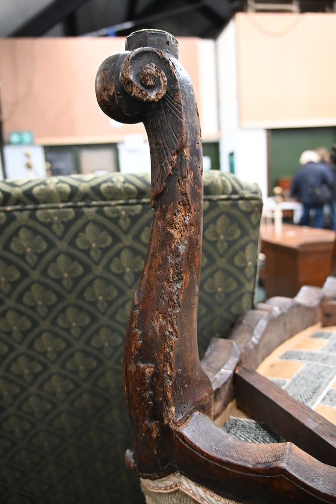 An 18th century armchair, with upholstered back and seat and with foliate carved outswept arms, - Image 9 of 9