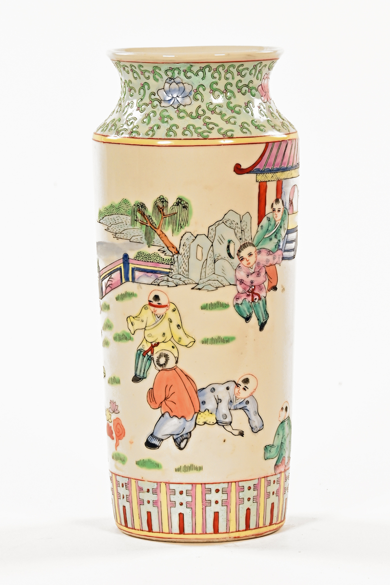 A Chinese famille rose vase boys playing. Height 31 cm.