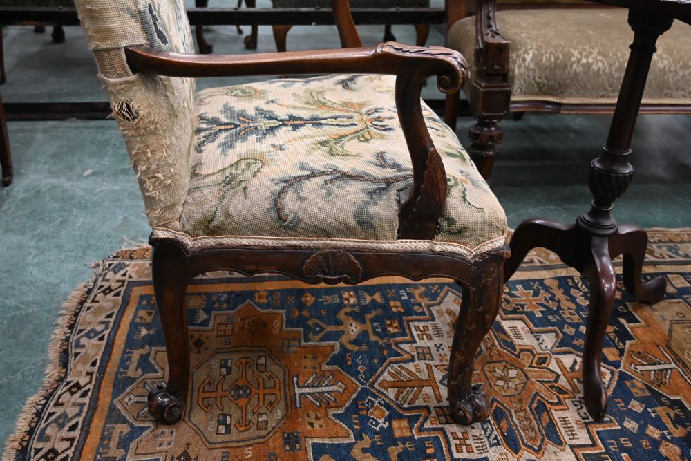 An 18th century armchair, with upholstered back and seat and with foliate carved outswept arms, - Image 5 of 9