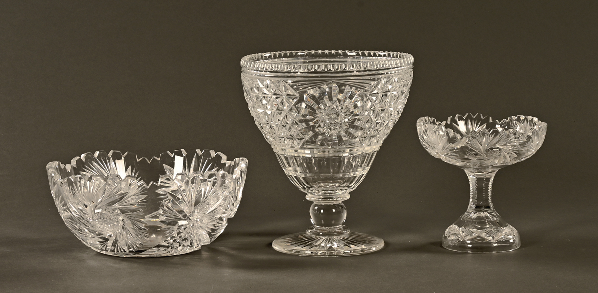 A hobnail cut tall glass bowl and two others. Tallest 22.5 cm.