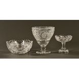 A hobnail cut tall glass bowl and two others. Tallest 22.5 cm.