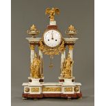 An 18th century French marble and bronze mantle clock, with two train striking movement,