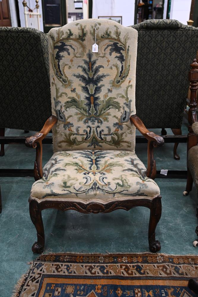 An 18th century armchair, with upholstered back and seat and with foliate carved outswept arms, - Image 2 of 9