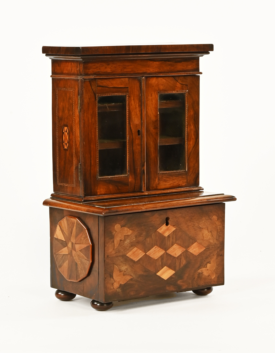 A Regency rosewood and parquetry apprentice piece tea caddy,