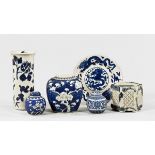 Three Chinese blue and white ginger jars, a spill vase, pierced vase and dragon plate.