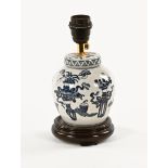 A Chinese style blue and white ginger jar, converted to a lamp. Height 18 cm.