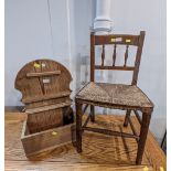 Child's rush seat chair with spindled back and pitch pine pipe rack