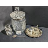 Cut glass lidded jar with silver stamped collar,